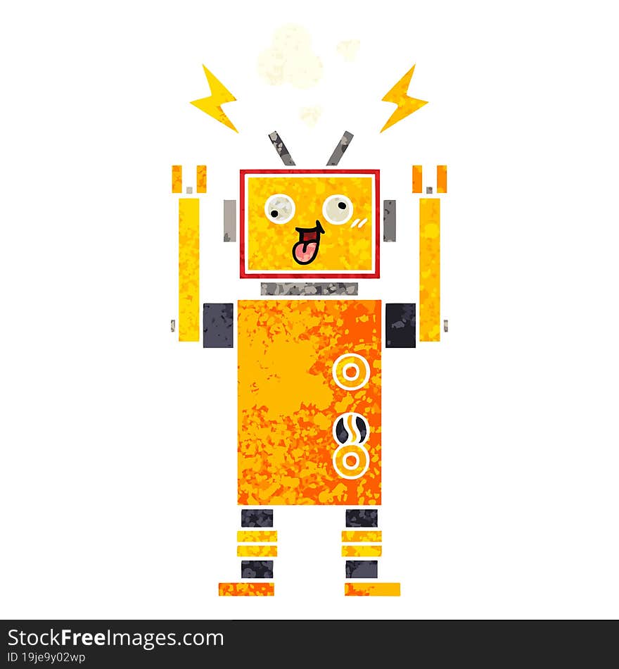 retro illustration style cartoon malfunctioning robot