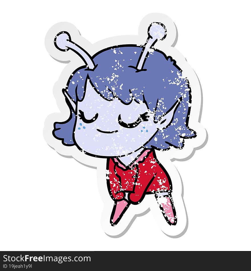 Distressed Sticker Of A Smiling Alien Girl Cartoon