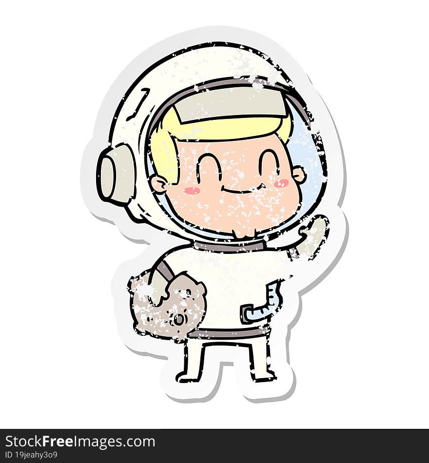 distressed sticker of a happy cartoon astronaut man