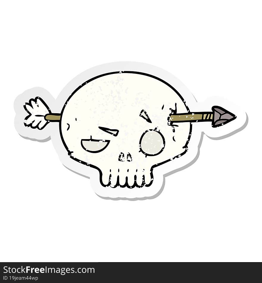 distressed sticker of a cartoon skull with arrow