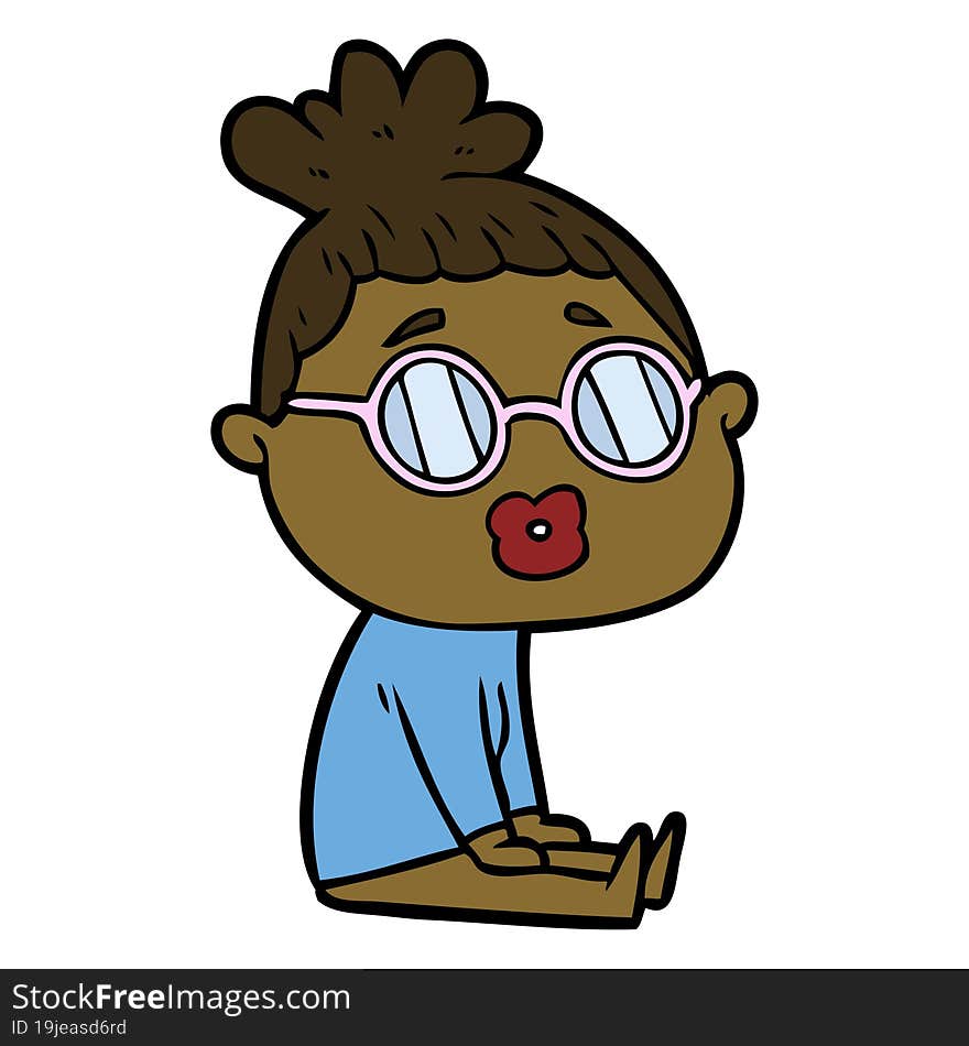 cartoon sitting woman wearing spectacles. cartoon sitting woman wearing spectacles