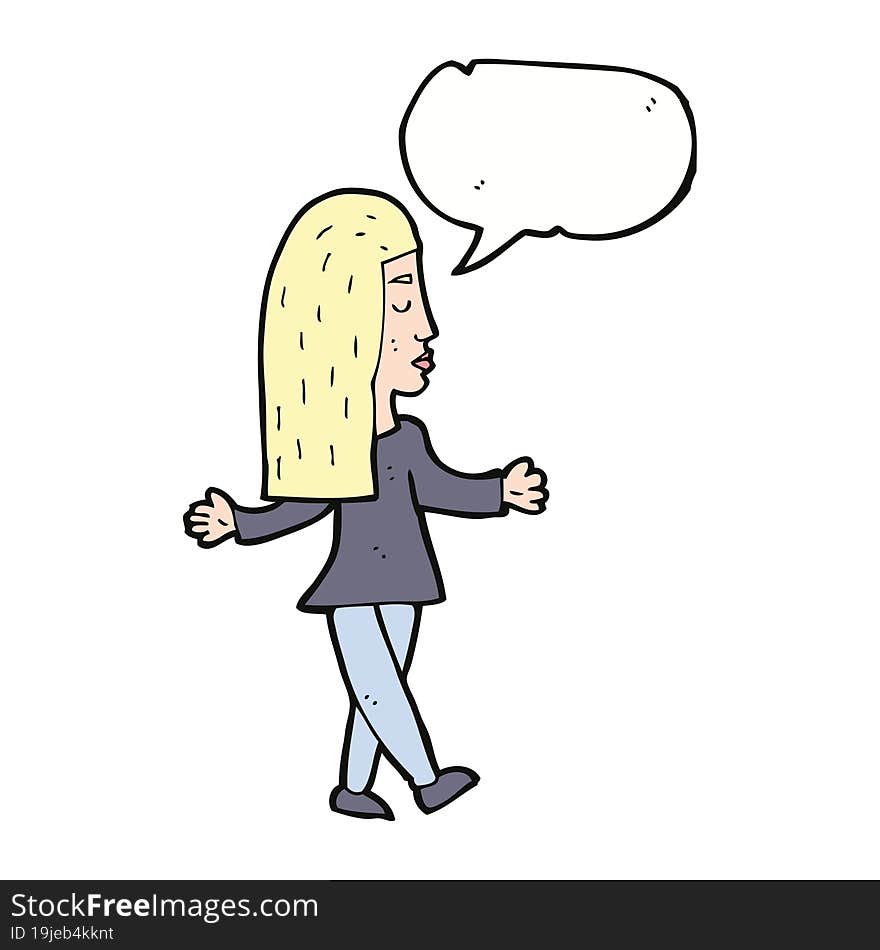 cartoon woman shrugging shoulders with speech bubble