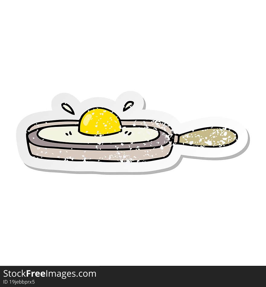 distressed sticker of a quirky hand drawn cartoon fried egg in frying pan