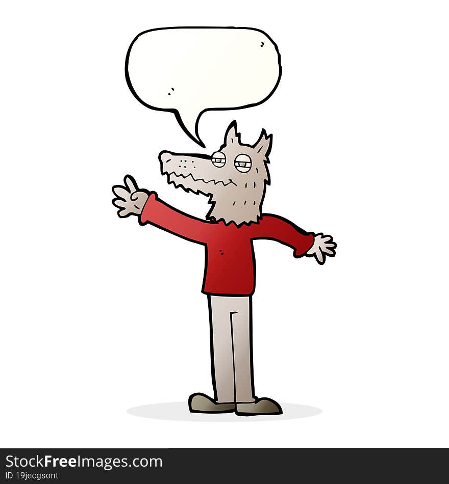 cartoon waving wolf with speech bubble