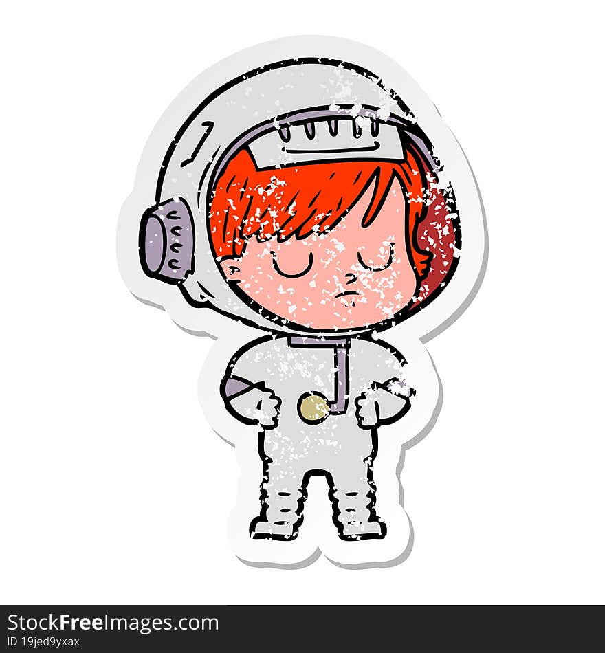 distressed sticker of a cartoon astronaut woman