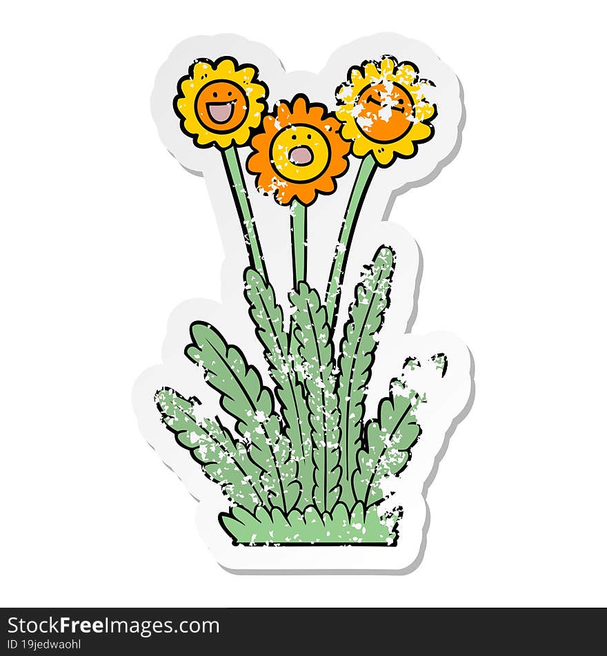 distressed sticker of a cartoon happy flowers