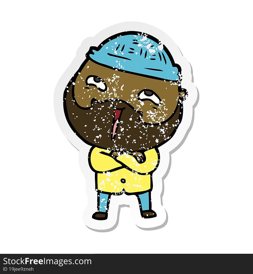 distressed sticker of a cartoon happy bearded man