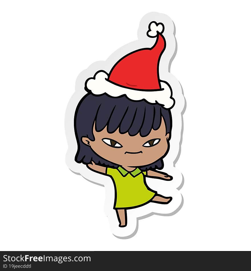 hand drawn sticker cartoon of a woman wearing santa hat