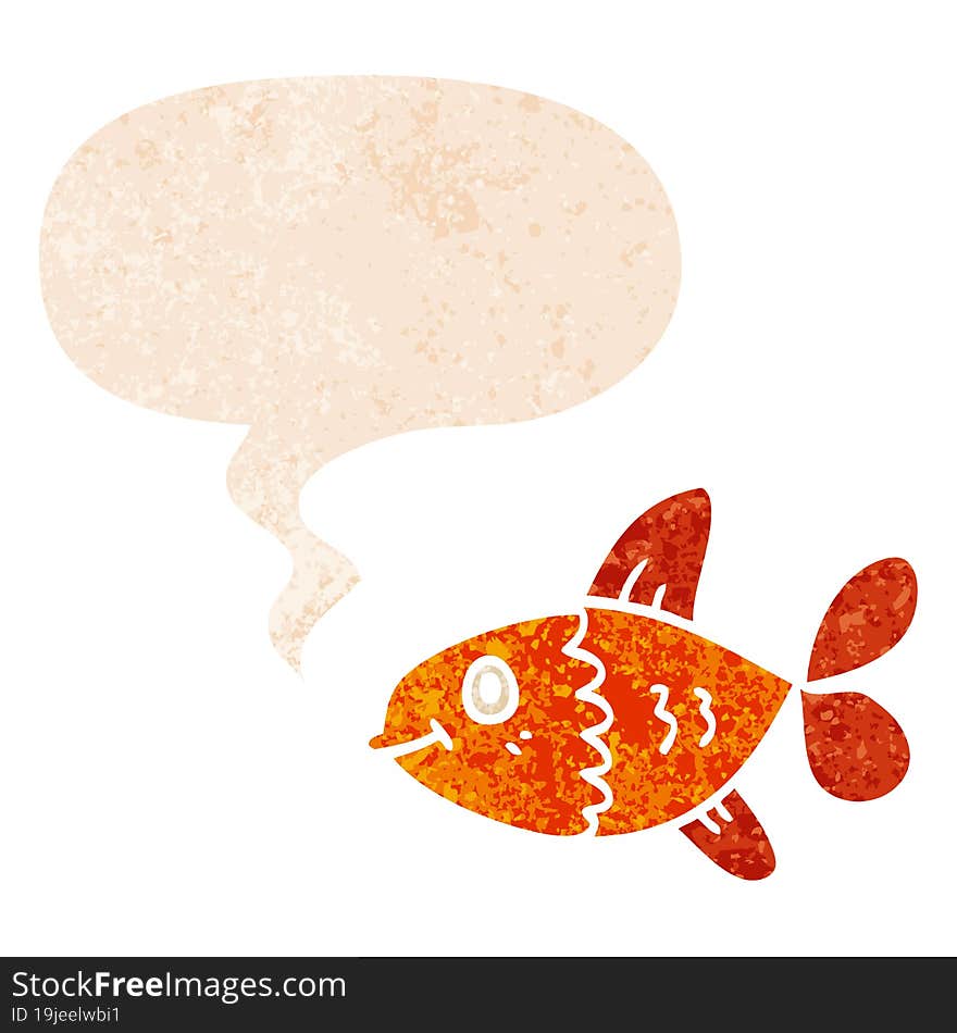 cartoon fish and speech bubble in retro textured style