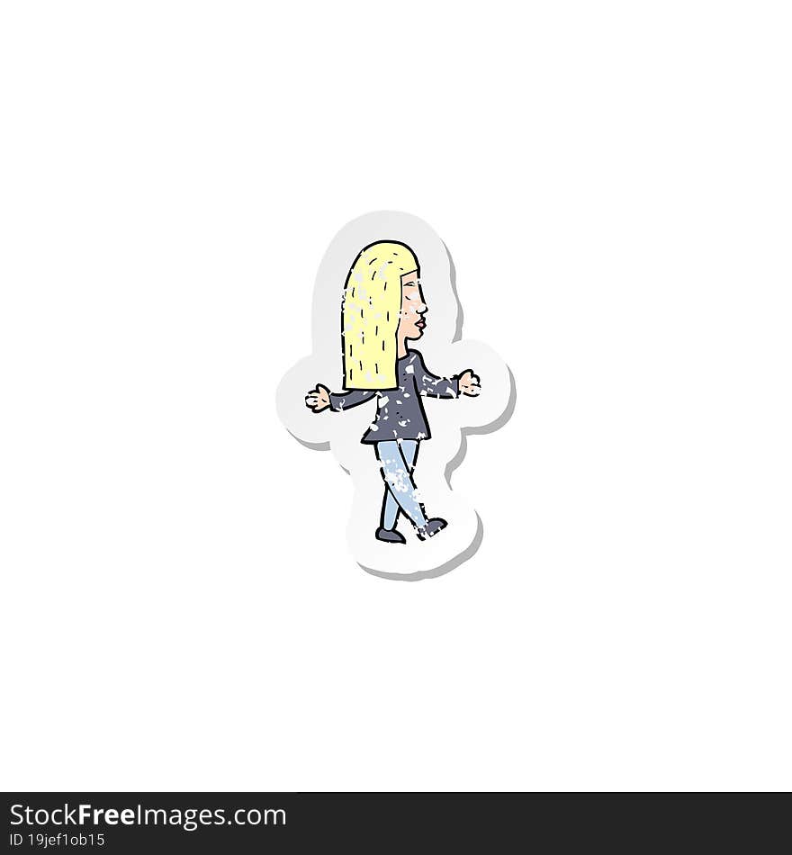 retro distressed sticker of a cartoon woman shrugging shoulders