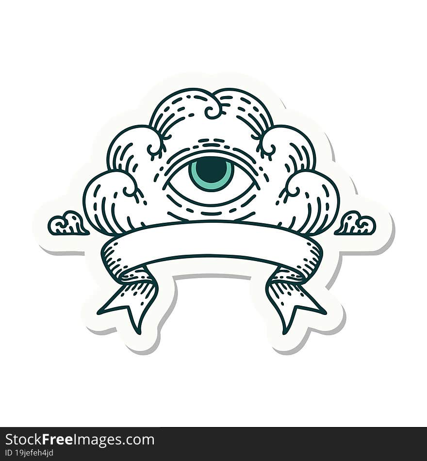 tattoo style sticker with banner of an all seeing eye cloud