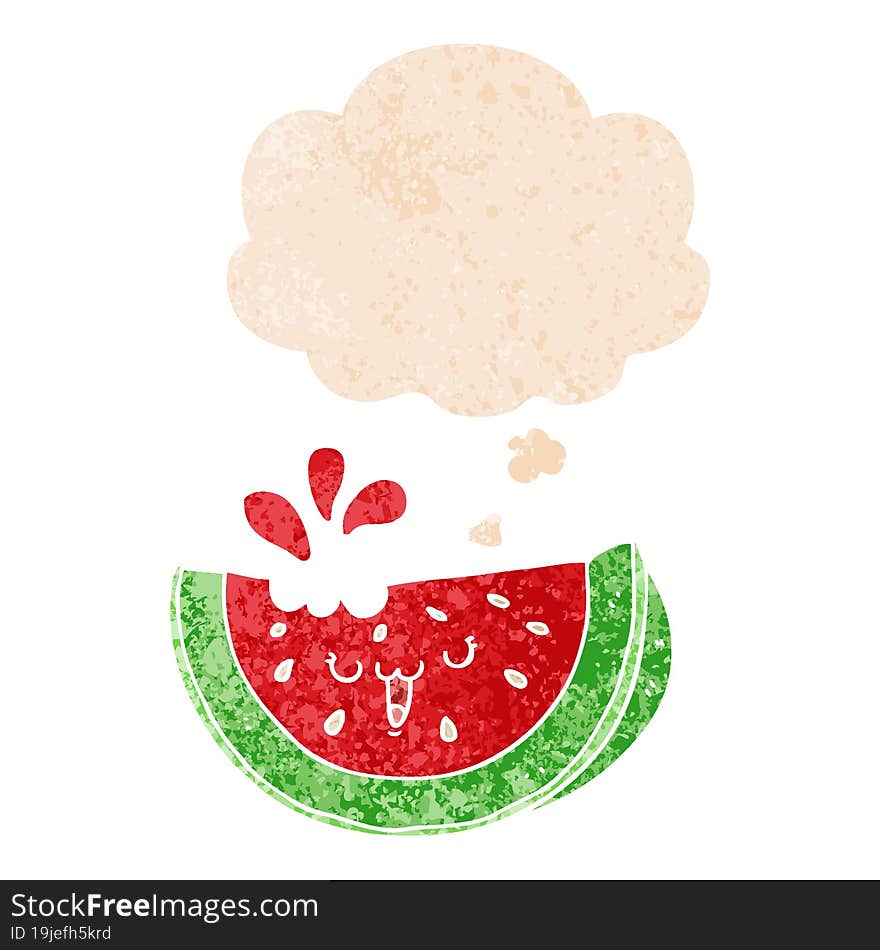 cartoon watermelon and thought bubble in retro textured style