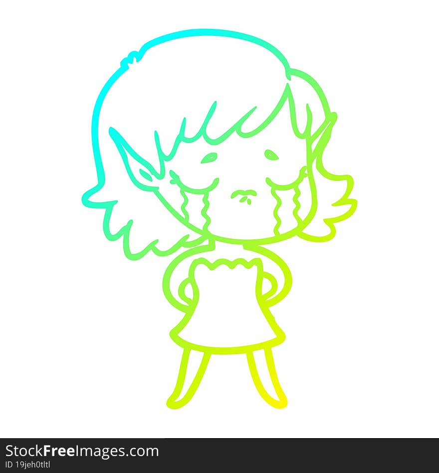 cold gradient line drawing crying cartoon elf girl