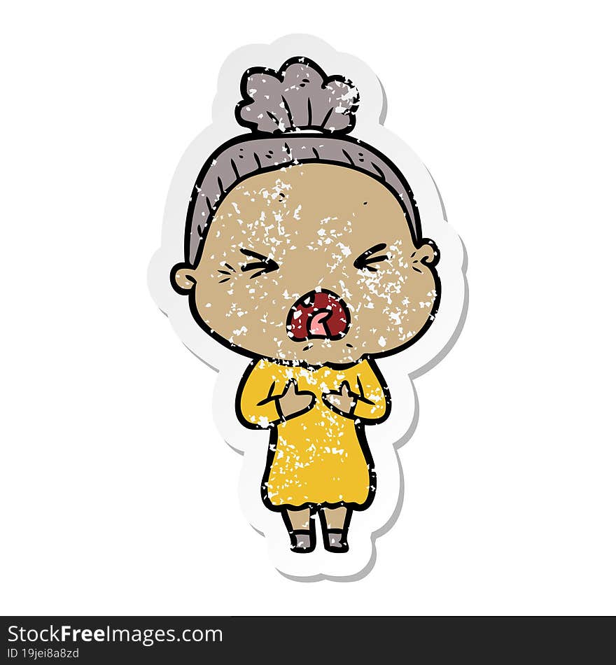 Distressed Sticker Of A Cartoon Angry Old Woman