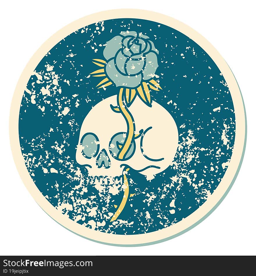 distressed sticker tattoo style icon of a skull and rose