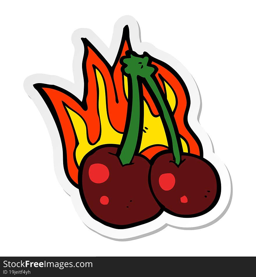 sticker of a cartoon flaming cherries