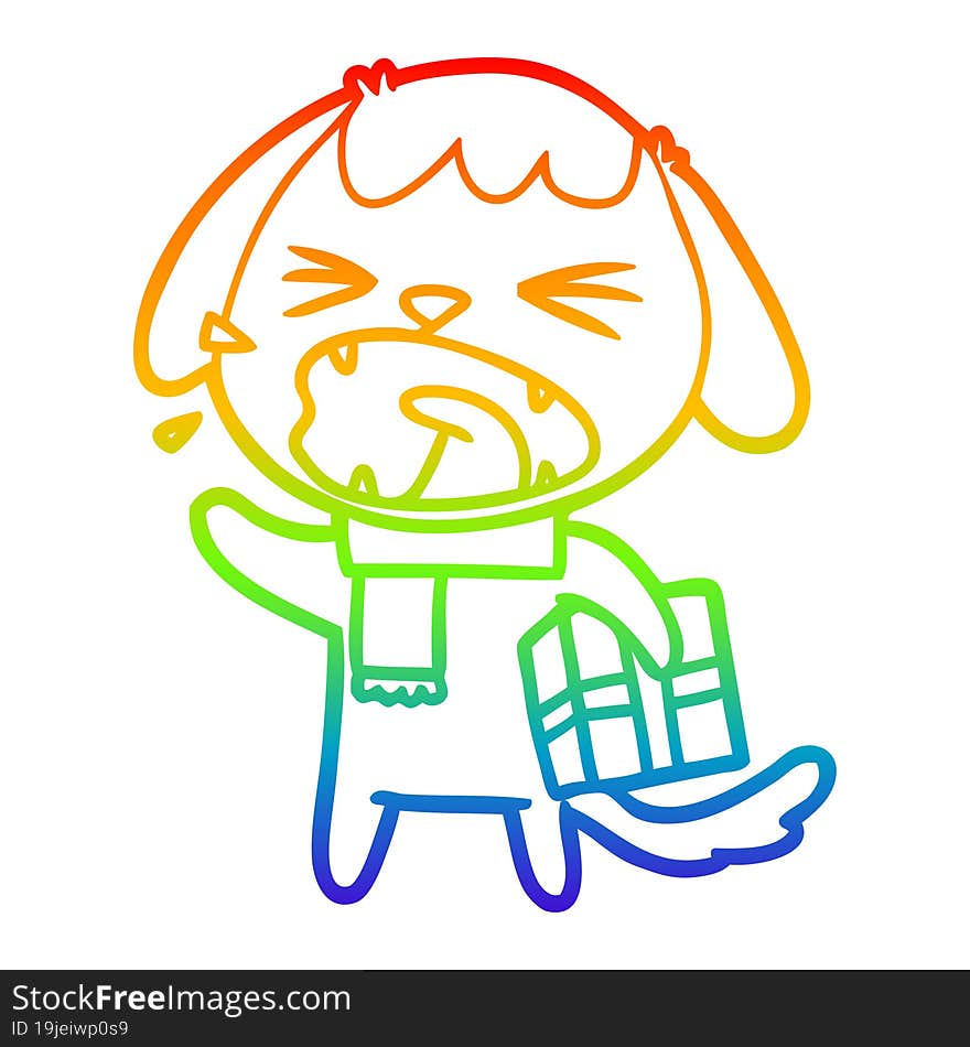 rainbow gradient line drawing of a cute cartoon dog with christmas present