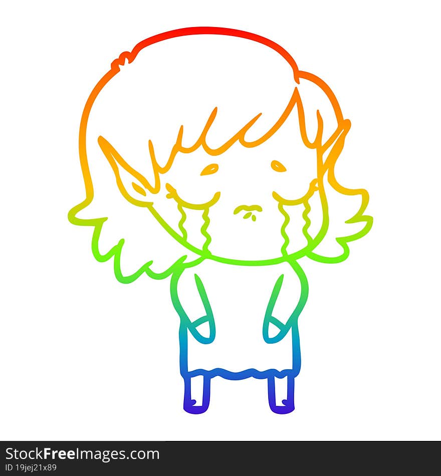 rainbow gradient line drawing cartoon crying elf girl