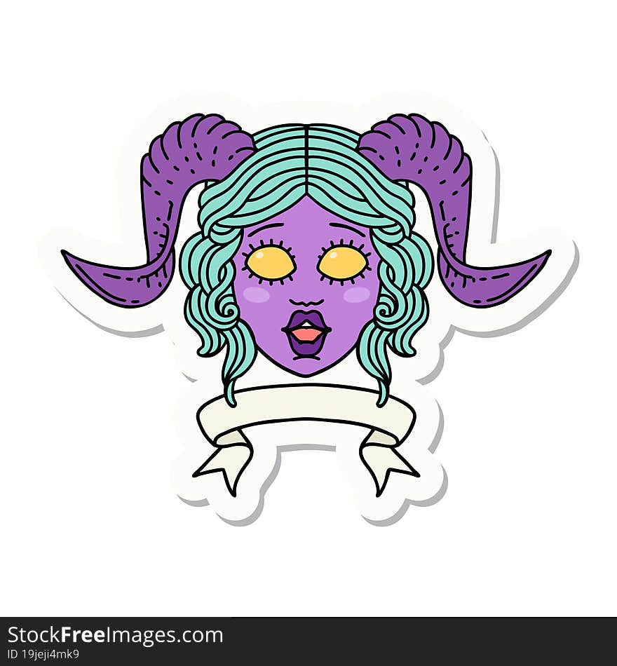 sticker of a tiefling character face with scroll banner. sticker of a tiefling character face with scroll banner