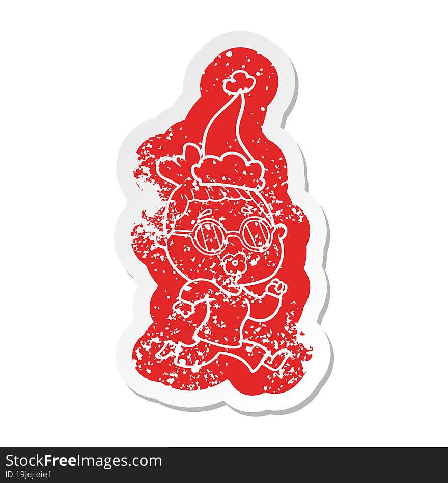 cartoon distressed sticker of a woman wearing spectacles wearing santa hat