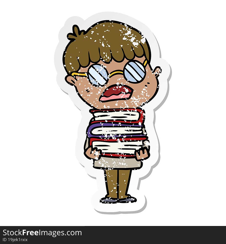 Distressed Sticker Of A Cartoon Boy With Books Wearing Spectacles