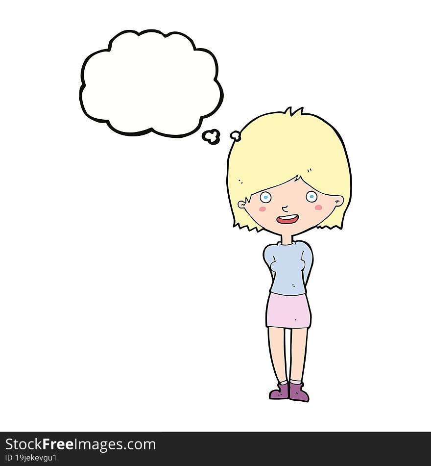 cartoon friendly woman with thought bubble