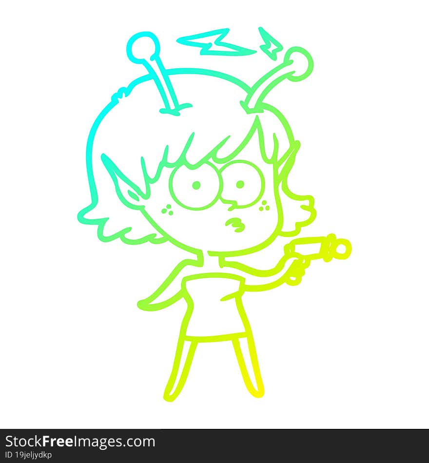 cold gradient line drawing of a cartoon alien girl