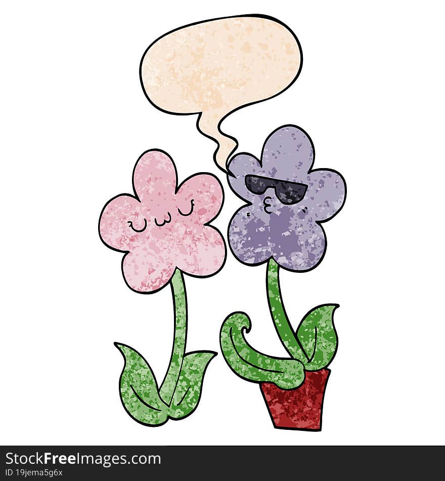 cute cartoon flower with speech bubble in retro texture style