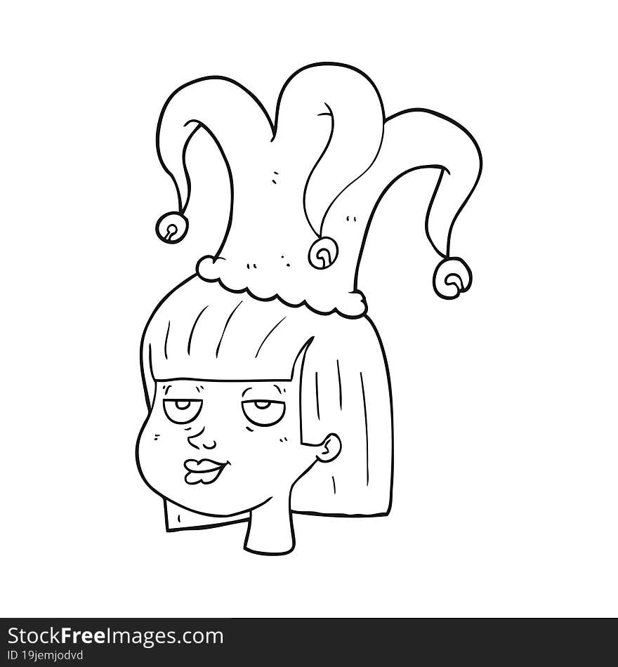 black and white cartoon woman wearing jester hat