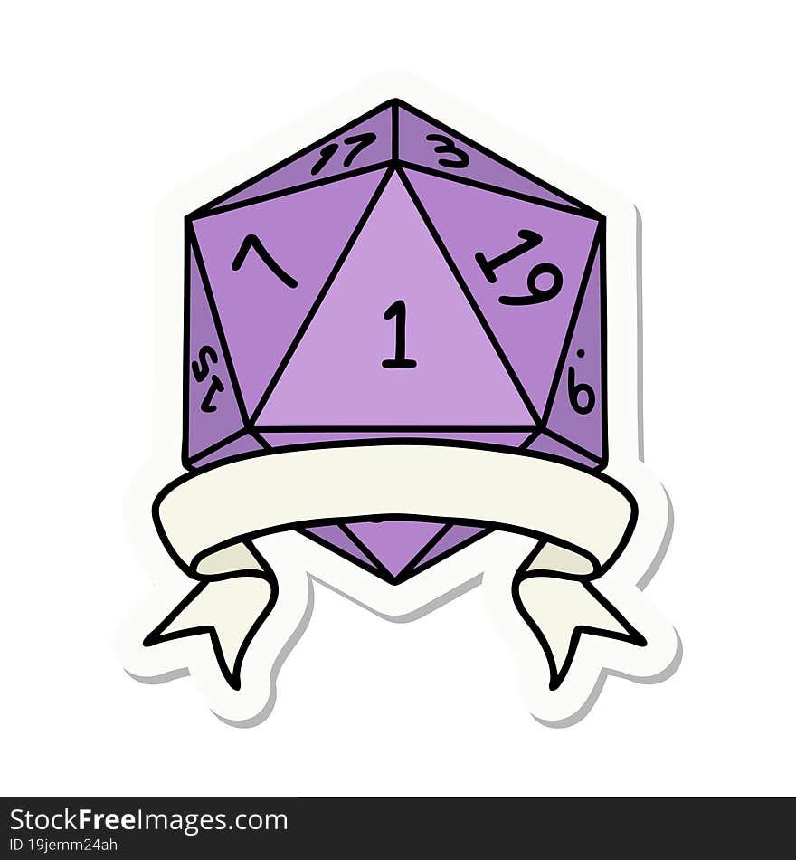 sticker of a natural one d20 dice roll. sticker of a natural one d20 dice roll