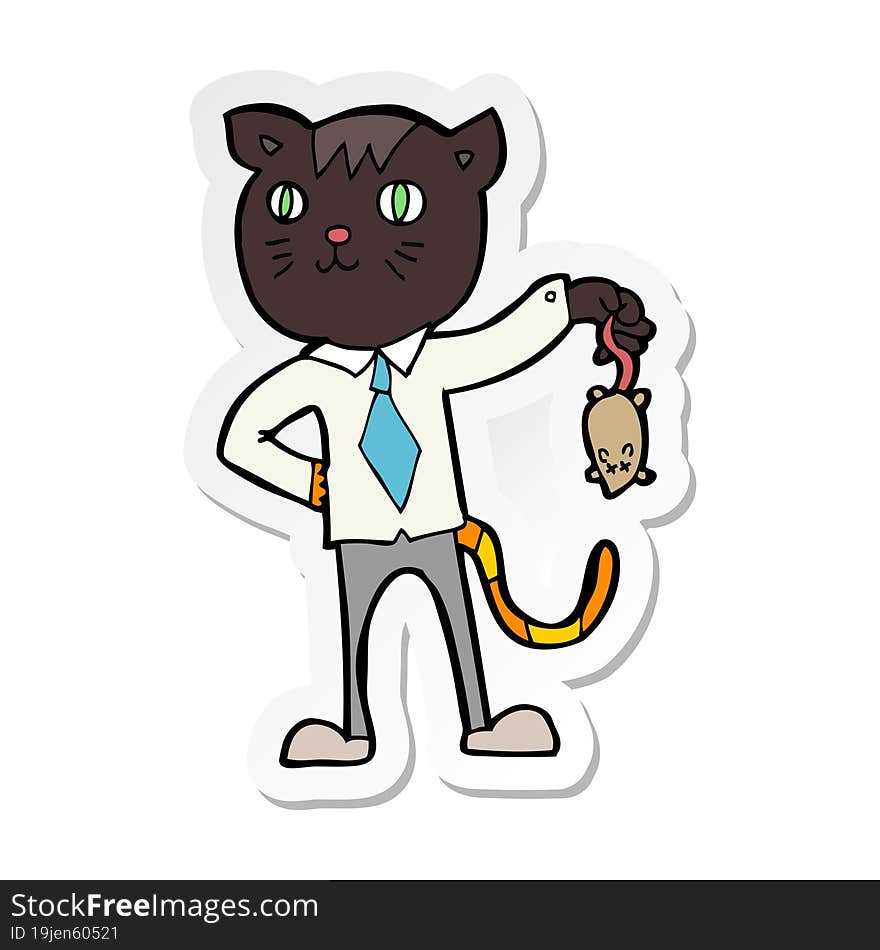 sticker of a cartoon business cat with dead mouse