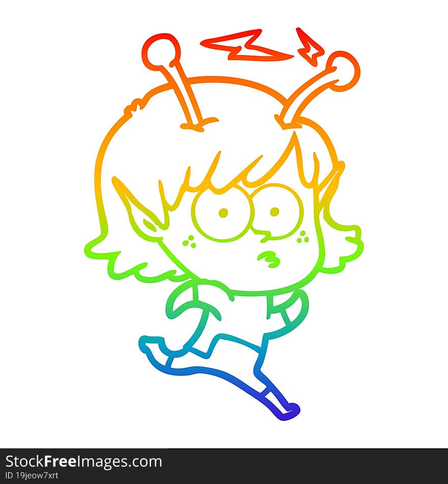 rainbow gradient line drawing of a cartoon alien girl