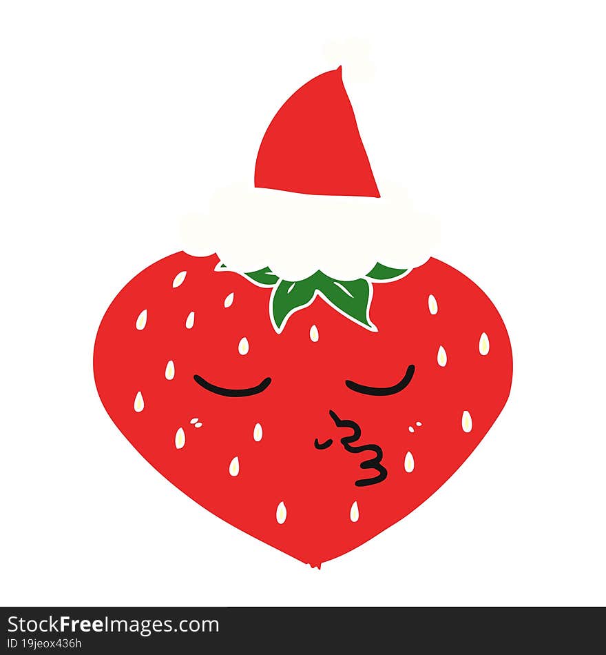 Flat Color Illustration Of A Strawberry Wearing Santa Hat