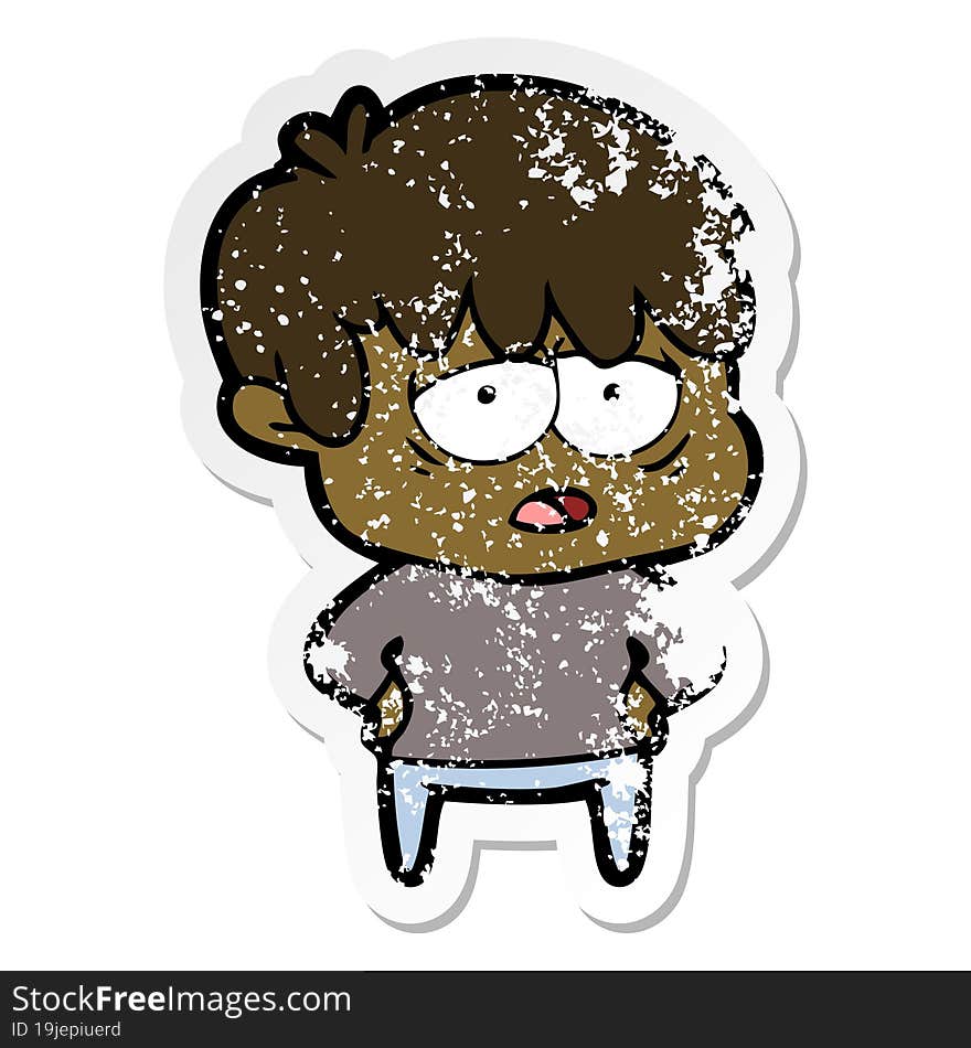 distressed sticker of a cartoon exhausted boy