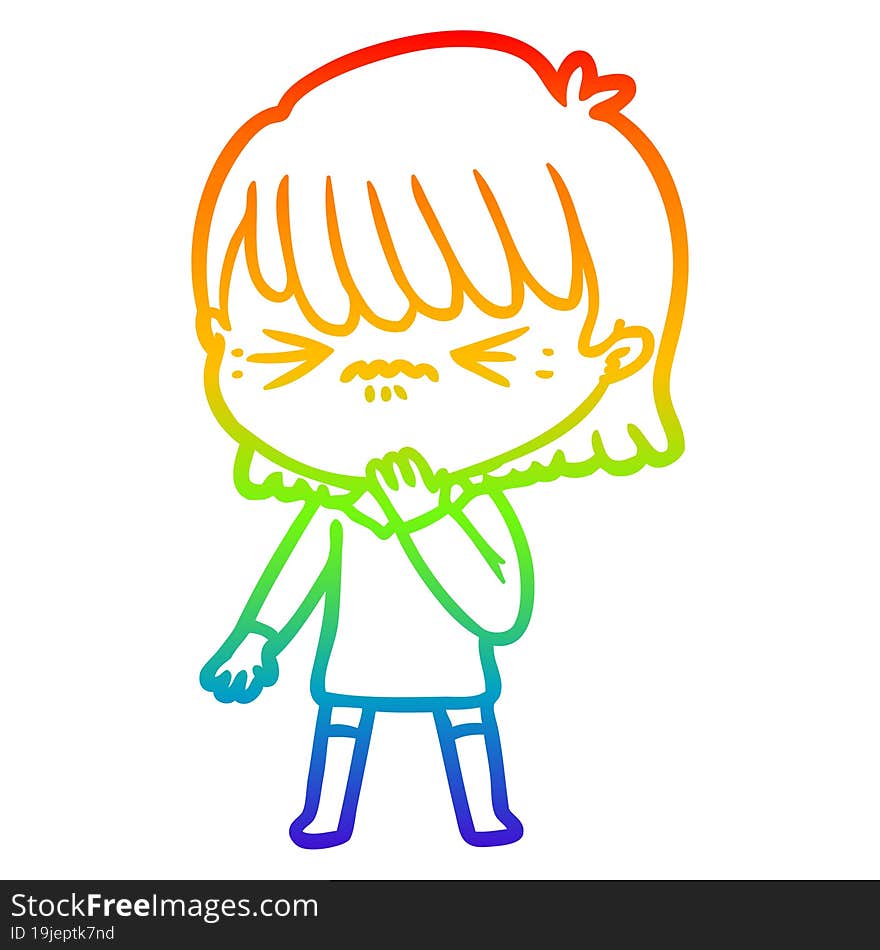 rainbow gradient line drawing of a cartoon girl regretting a mistake