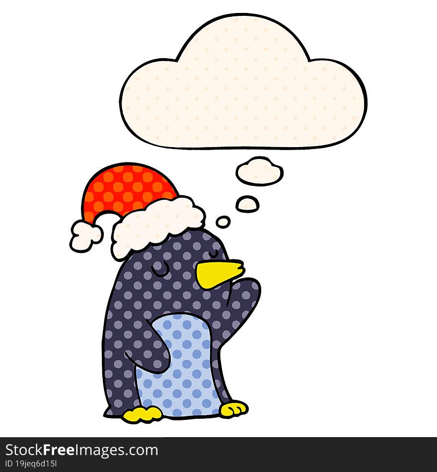 Cute Cartoon Christmas Penguin And Thought Bubble In Comic Book Style