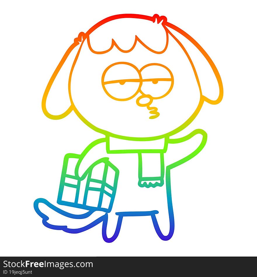 rainbow gradient line drawing cartoon bored dog with christmas present