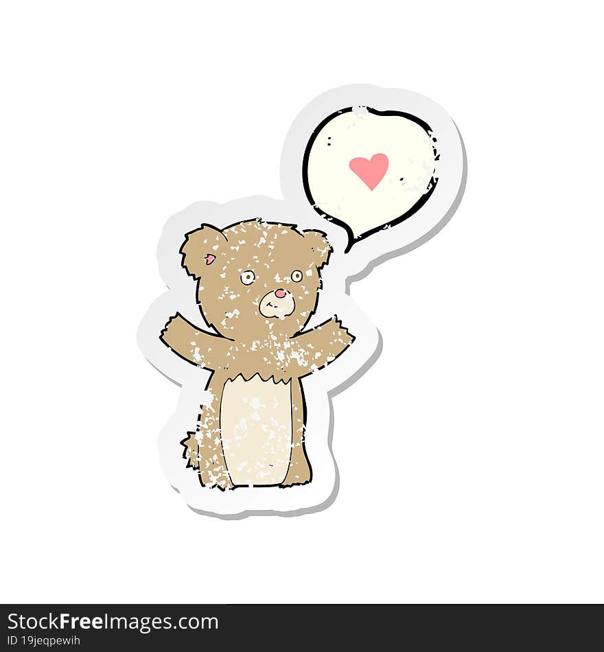 retro distressed sticker of a cartoon teddy bear with love heart