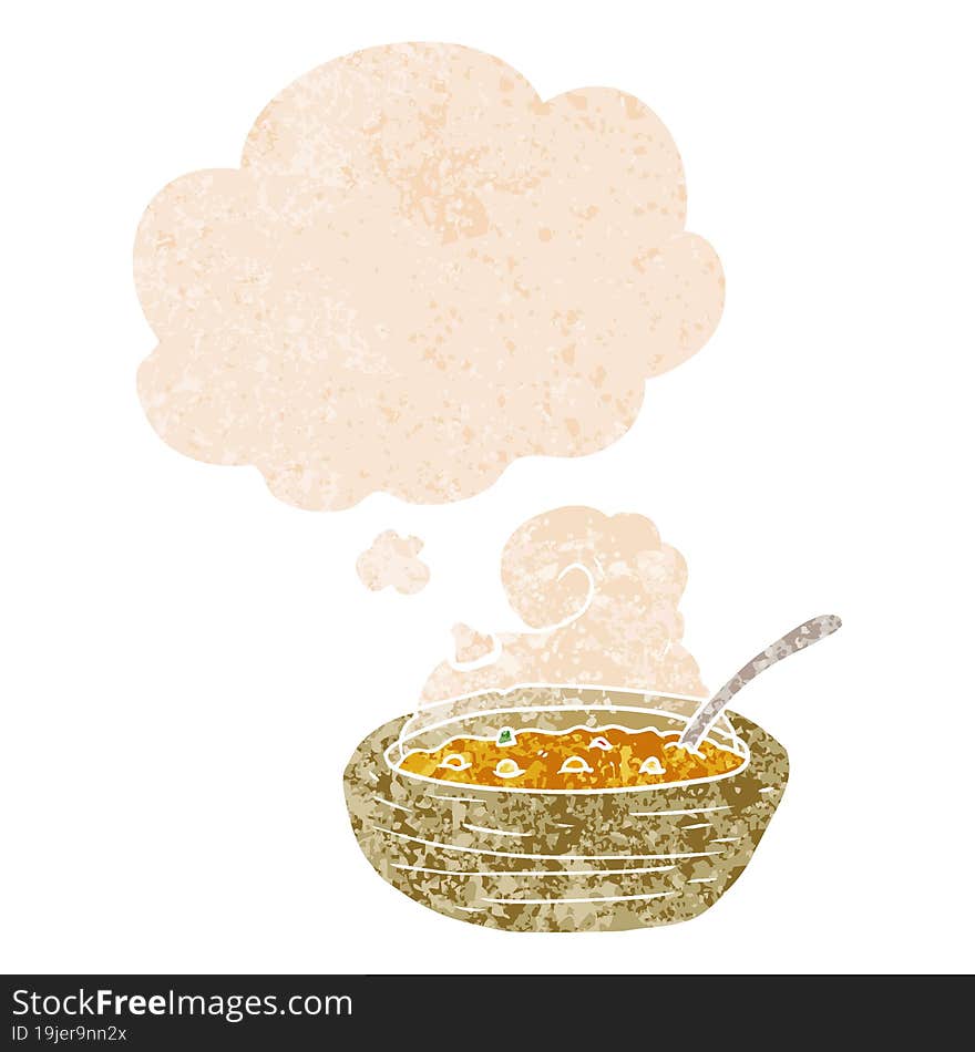 cartoon bowl of hot soup and thought bubble in retro textured style