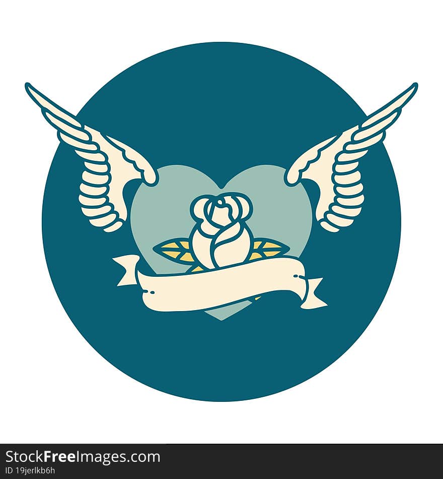 Tattoo Style Icon Of A Flying Heart With Flowers And Banner