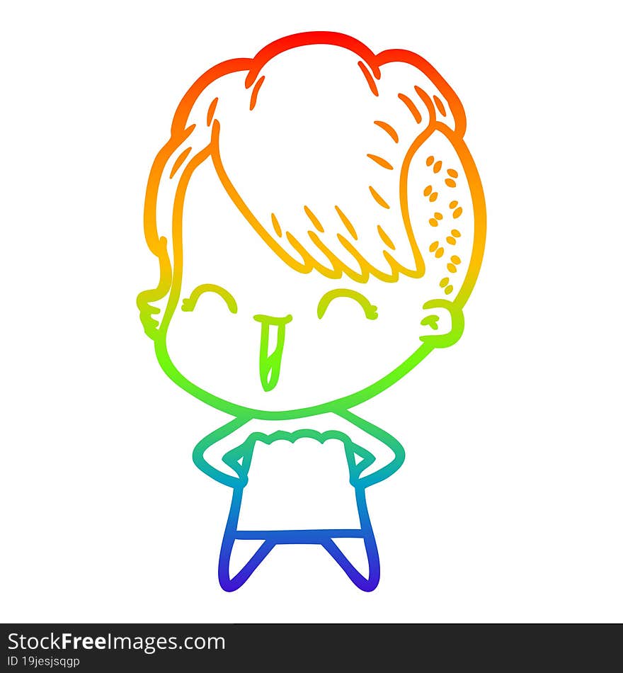 rainbow gradient line drawing of a happy cartoon hipster girl