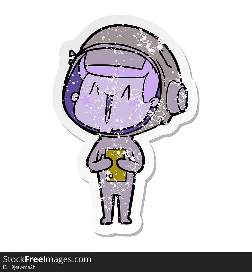 distressed sticker of a happy cartoon astronaut