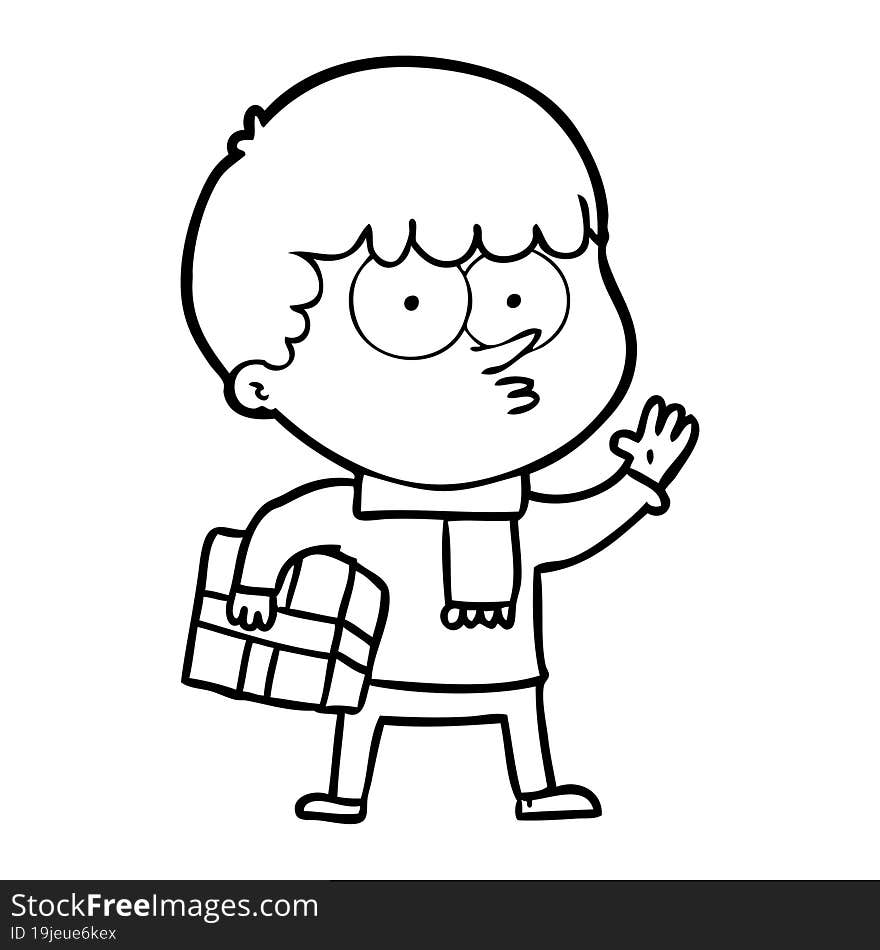 cartoon curious boy carrying a gift. cartoon curious boy carrying a gift