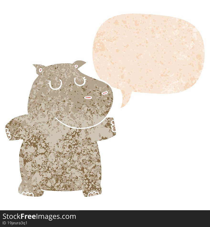 cartoon hippo and speech bubble in retro textured style