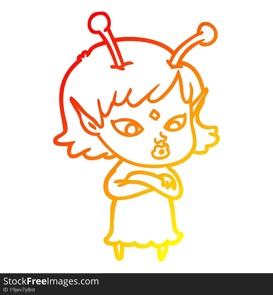 warm gradient line drawing pretty cartoon alien girl