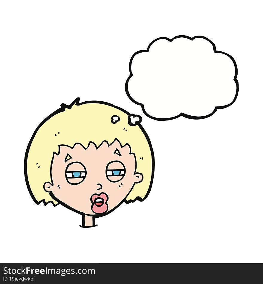 cartoon woman narrowing eyes with thought bubble