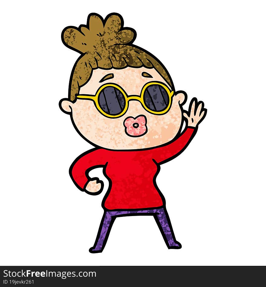 cartoon waving woman wearing sunglasses. cartoon waving woman wearing sunglasses