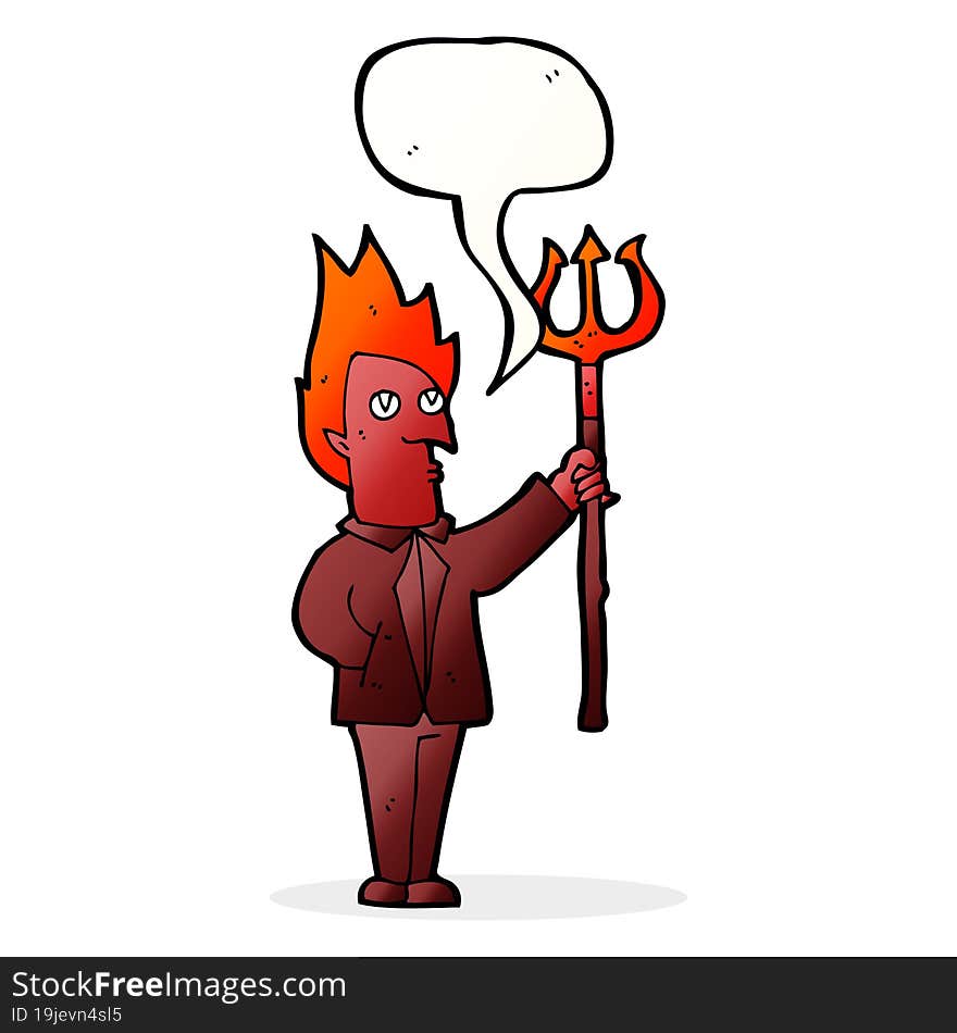 cartoon devil with pitchfork with speech bubble