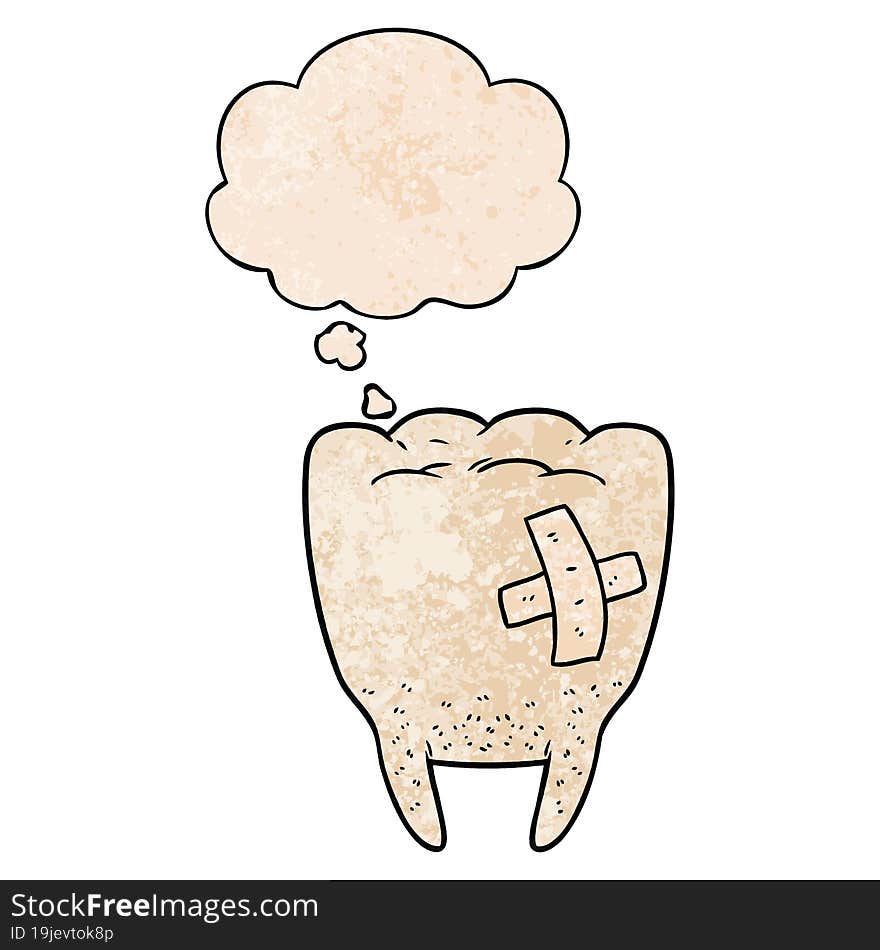 cartoon bad tooth and thought bubble in grunge texture pattern style