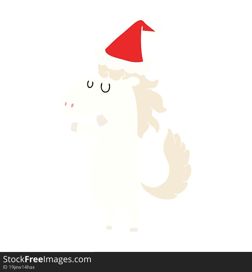 flat color illustration of a horse wearing santa hat